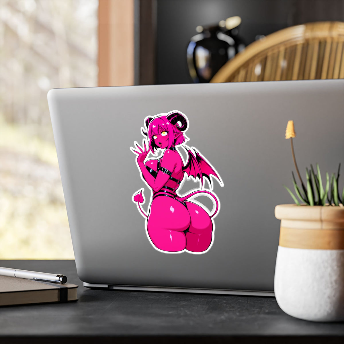 Pink Succubus Anime Sticker - Lewd Demon Girl Vinyl Decal - NSFW Waifu Laptop, Window, Car, Bottle Sticker