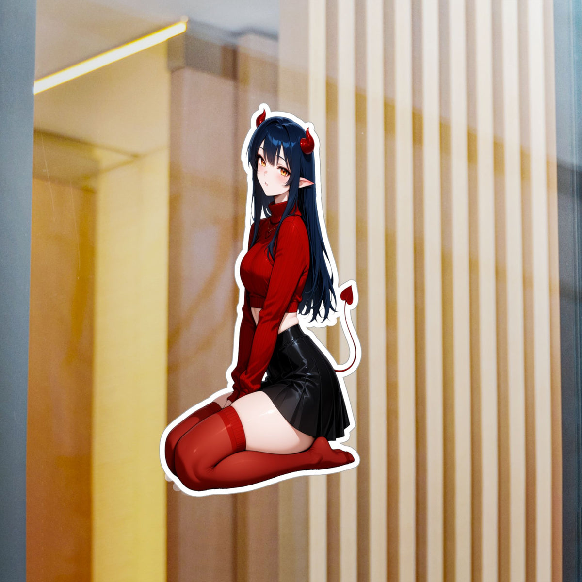 Anime Devil Girl Lofi Waifu Kiss-Cut Vinyl Decal | Cute Demon Sticker