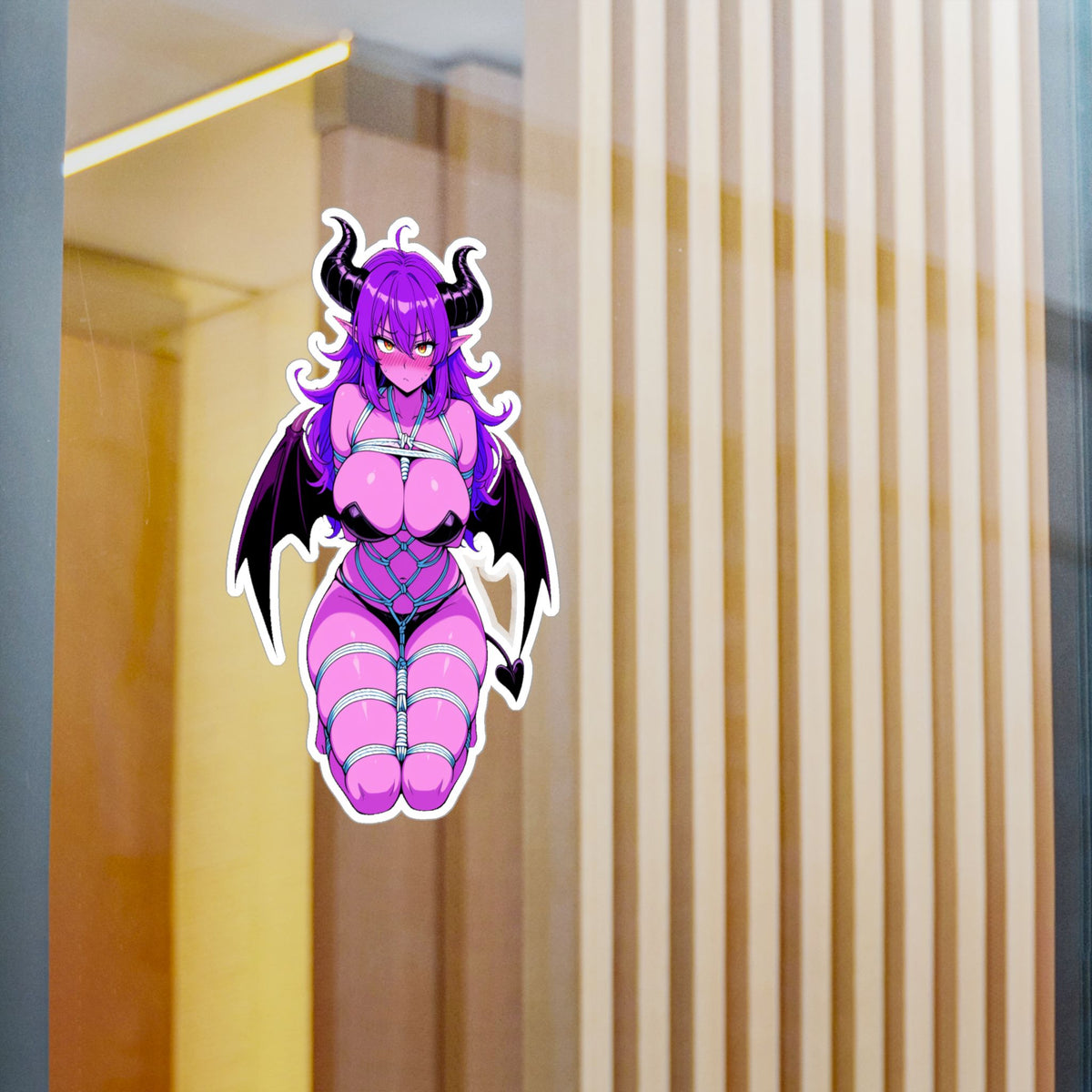 Lewd Pink Shy Waifu Succubus Demon Girl Shibari Bondage Anime Sticker | NSFW Vinyl Die-Cut