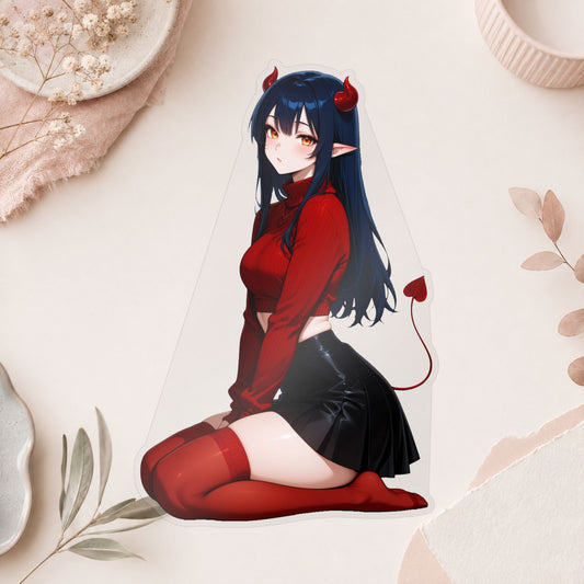 Anime Devil Girl Lofi Waifu Kiss-Cut Vinyl Decal | Cute Demon Sticker