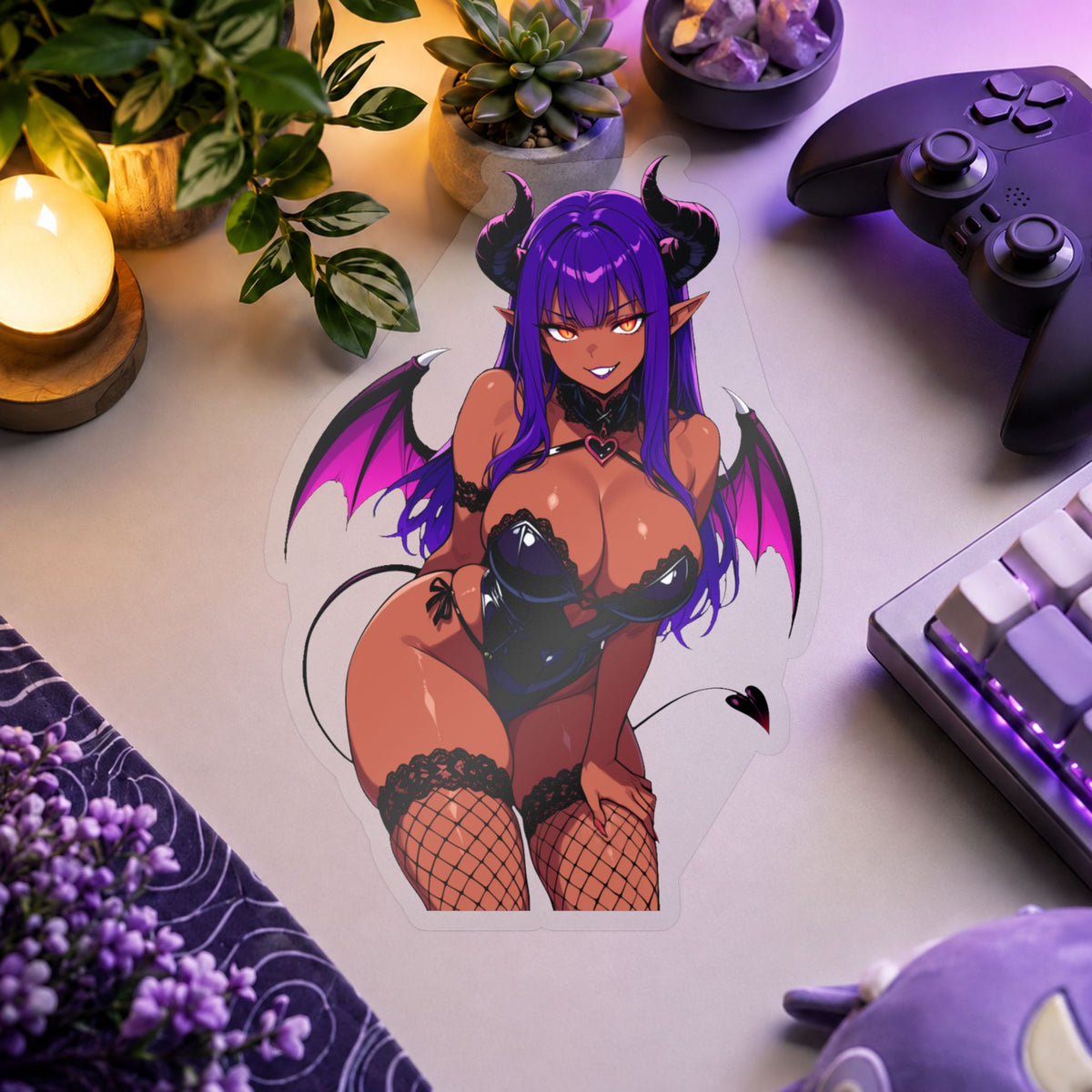 Purple Hair Tan Succubus Sticker Kiss-Cut Vinyl Decal | Anime Demon Girl