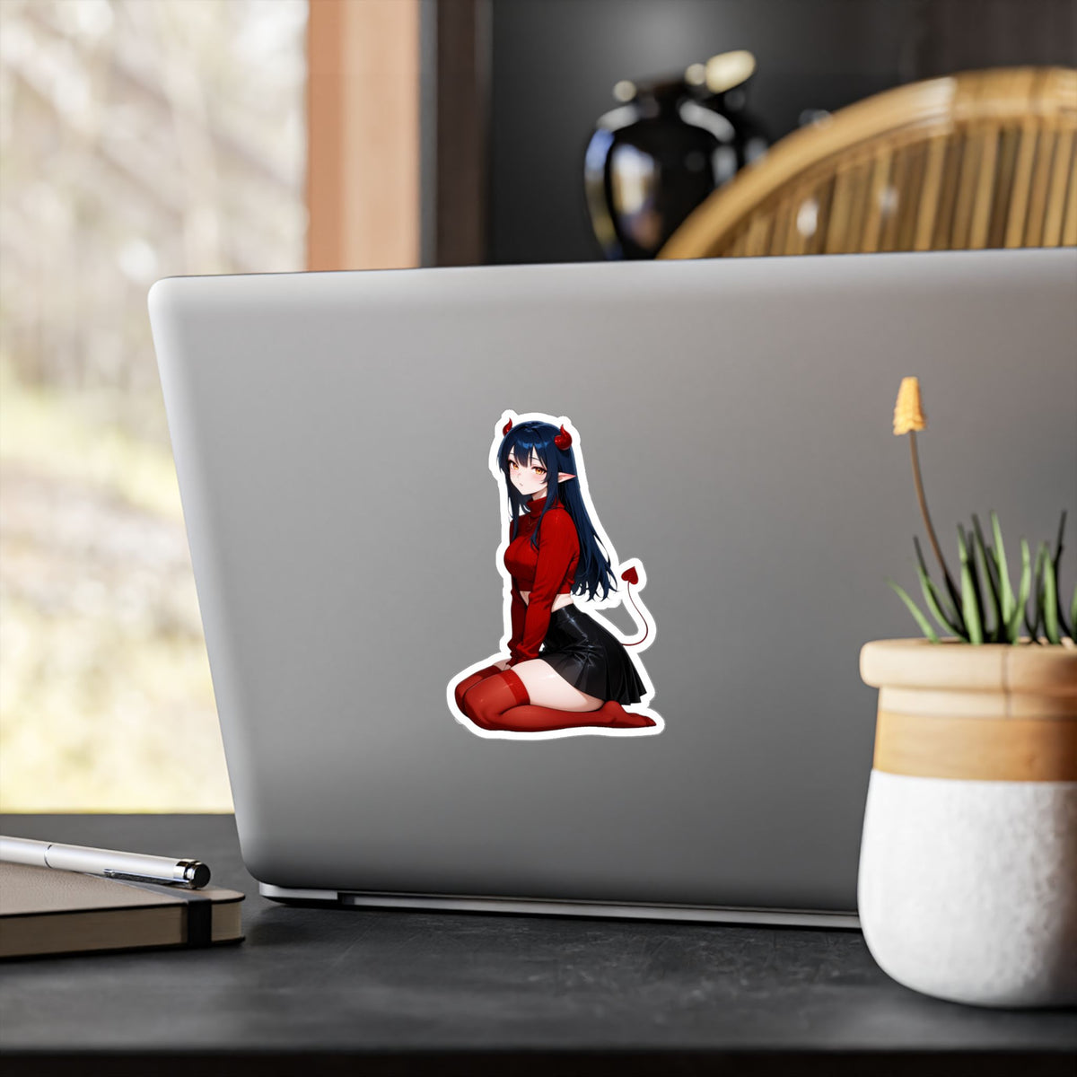 Anime Devil Girl Lofi Waifu Kiss-Cut Vinyl Decal | Cute Demon Sticker