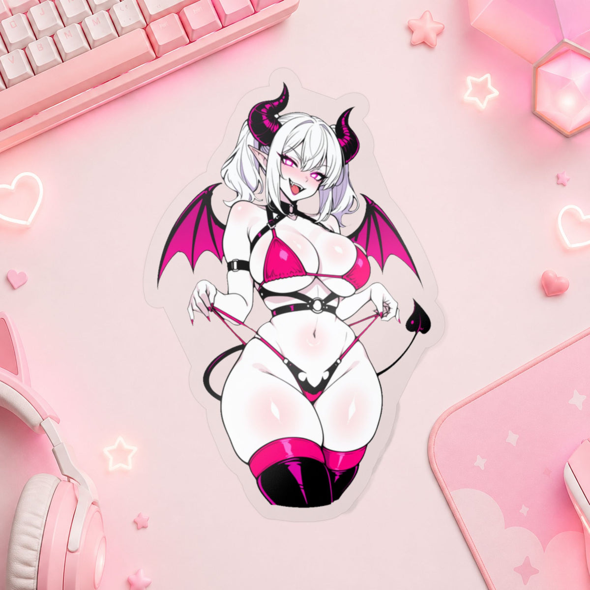Lewd Pale Succubus Demon Girl Micro Bikini Anime Sticker | NSFW Vinyl Die-Cut