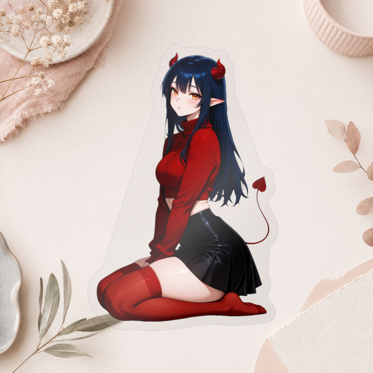 Anime Devil Girl Lofi Waifu Kiss-Cut Vinyl Decal | Cute Demon Sticker