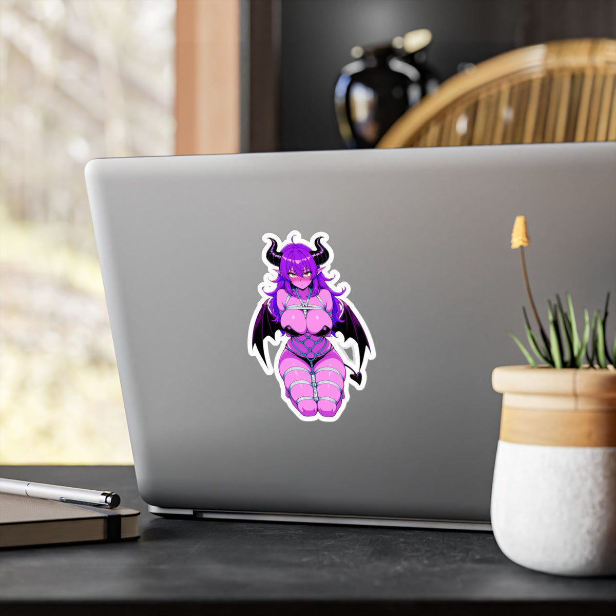 Lewd Pink Shy Waifu Succubus Demon Girl Shibari Bondage Anime Sticker | NSFW Vinyl Die-Cut