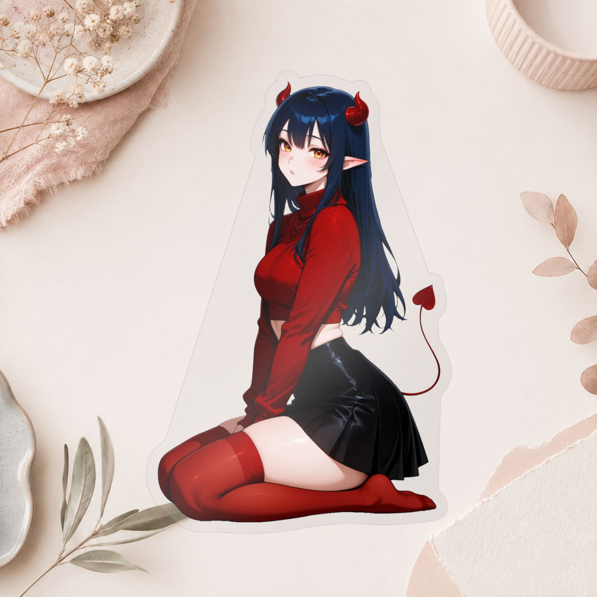Anime Devil Girl Lofi Waifu Kiss-Cut Vinyl Decal | Cute Demon Sticker