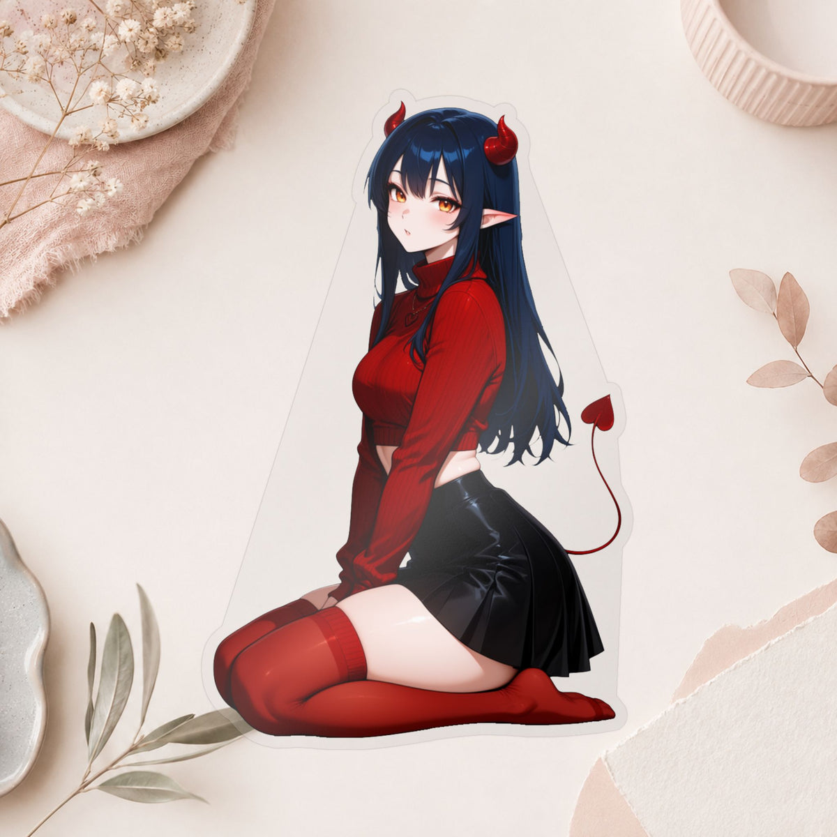 Anime Devil Girl Lofi Waifu Kiss-Cut Vinyl Decal | Cute Demon Sticker