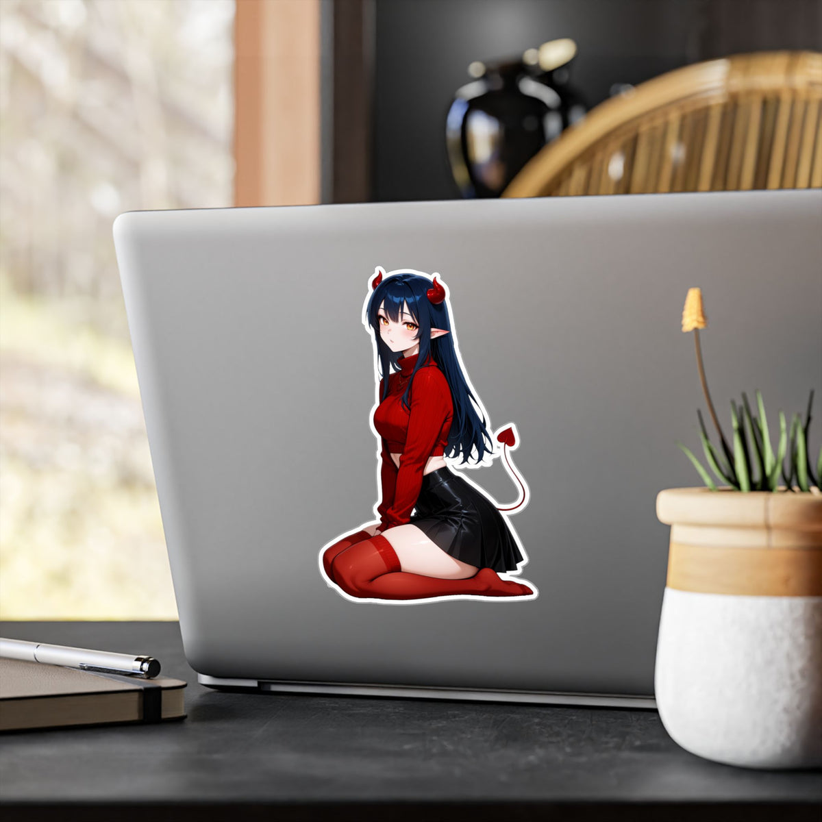 Anime Devil Girl Lofi Waifu Kiss-Cut Vinyl Decal | Cute Demon Sticker