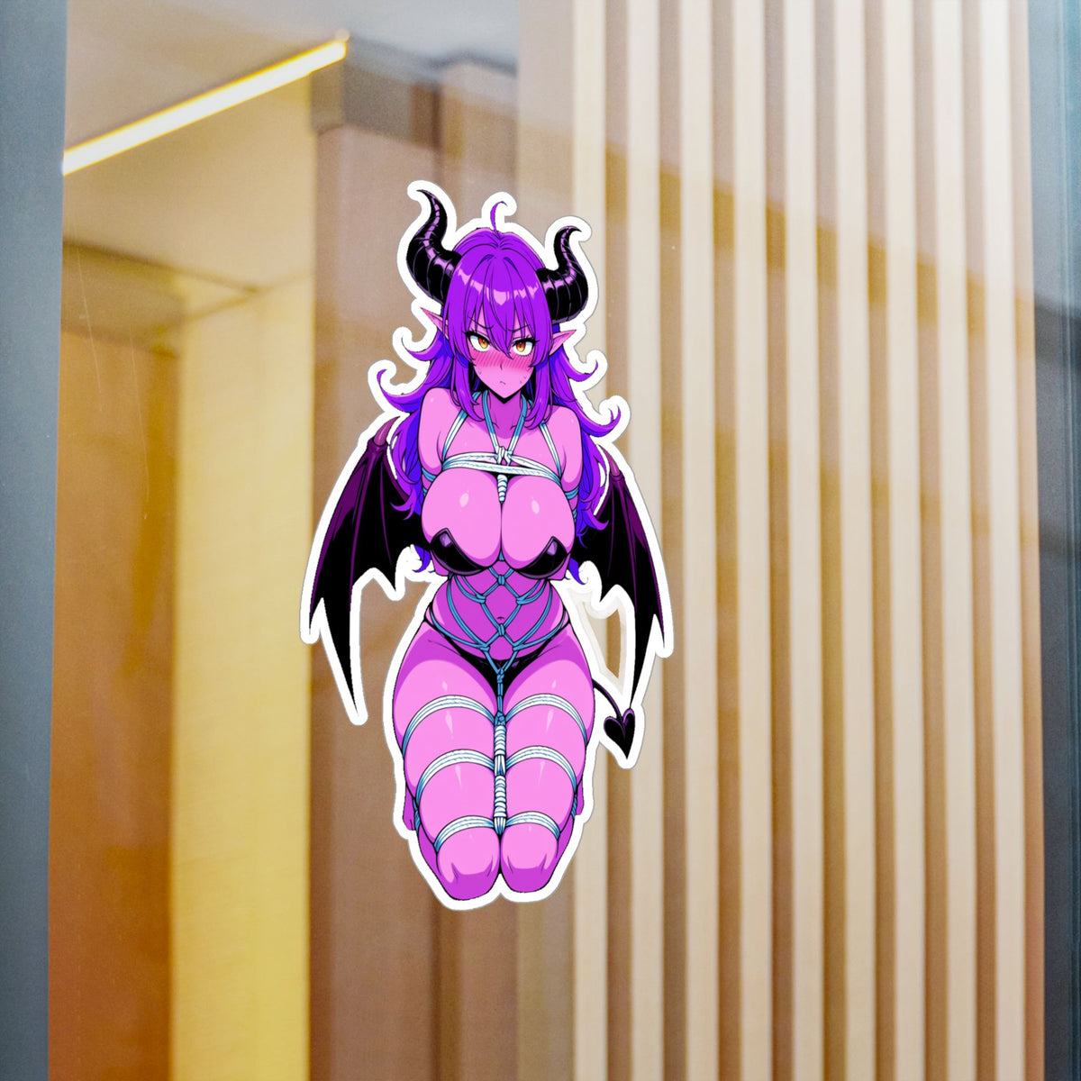 Lewd Pink Shy Waifu Succubus Demon Girl Shibari Bondage Anime Sticker | NSFW Vinyl Die-Cut