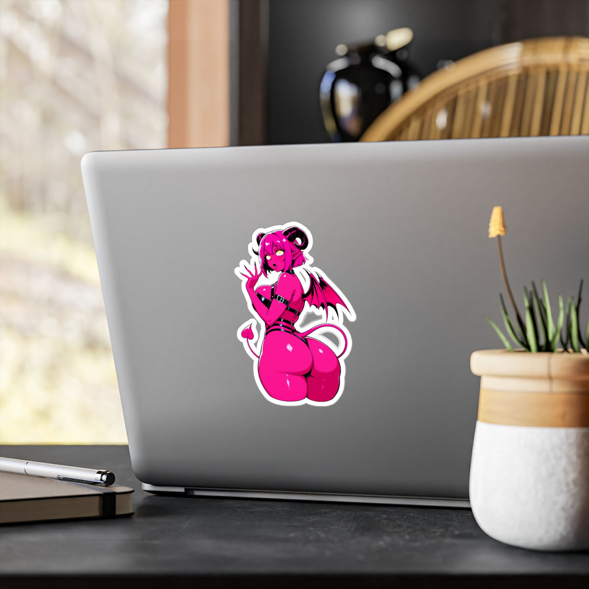 Pink Succubus Anime Sticker - Lewd Demon Girl Vinyl Decal - NSFW Waifu Laptop, Window, Car, Bottle Sticker